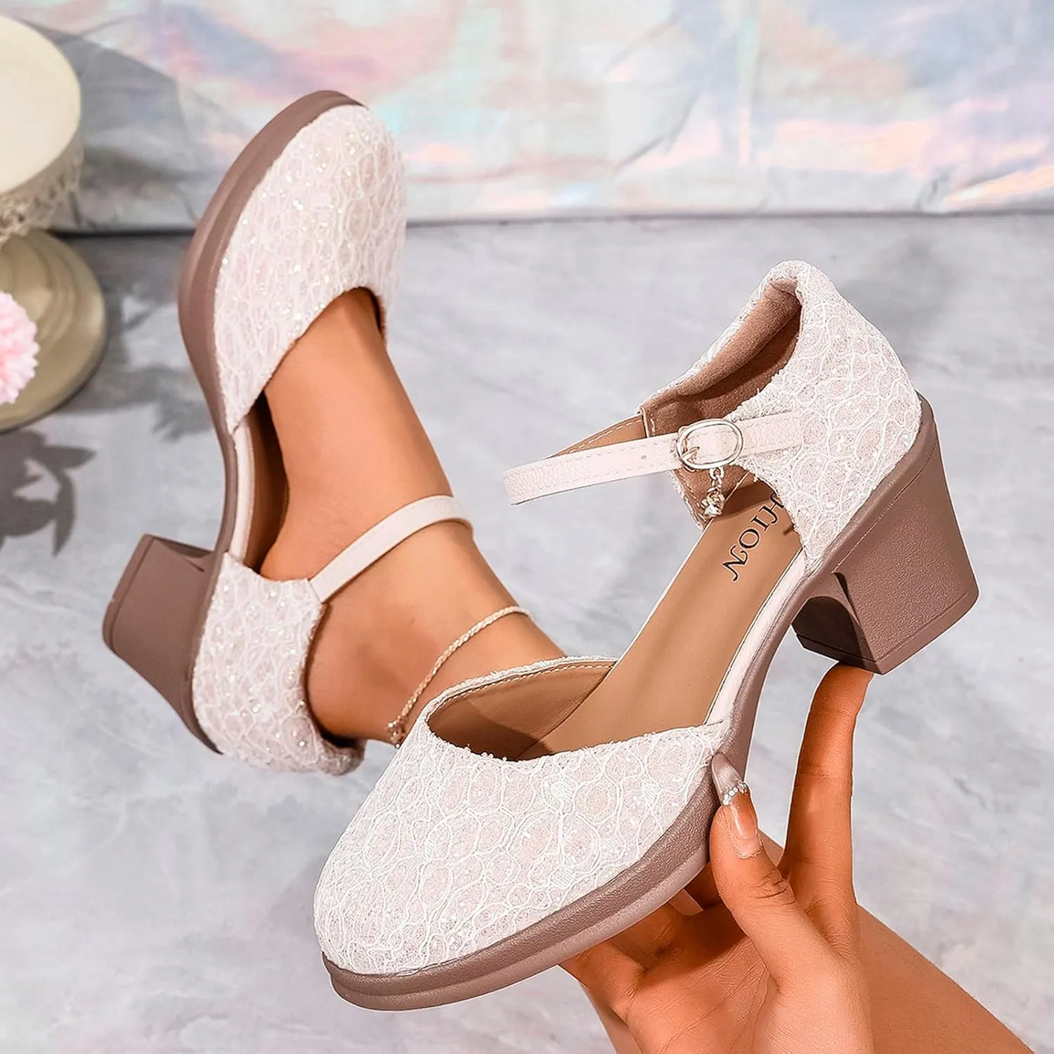 Womens Mary Jane Heels Lace Sequins Chunky Pumps Comfortable Block Heel Dress Shoes for Work Office Wedding Dancing