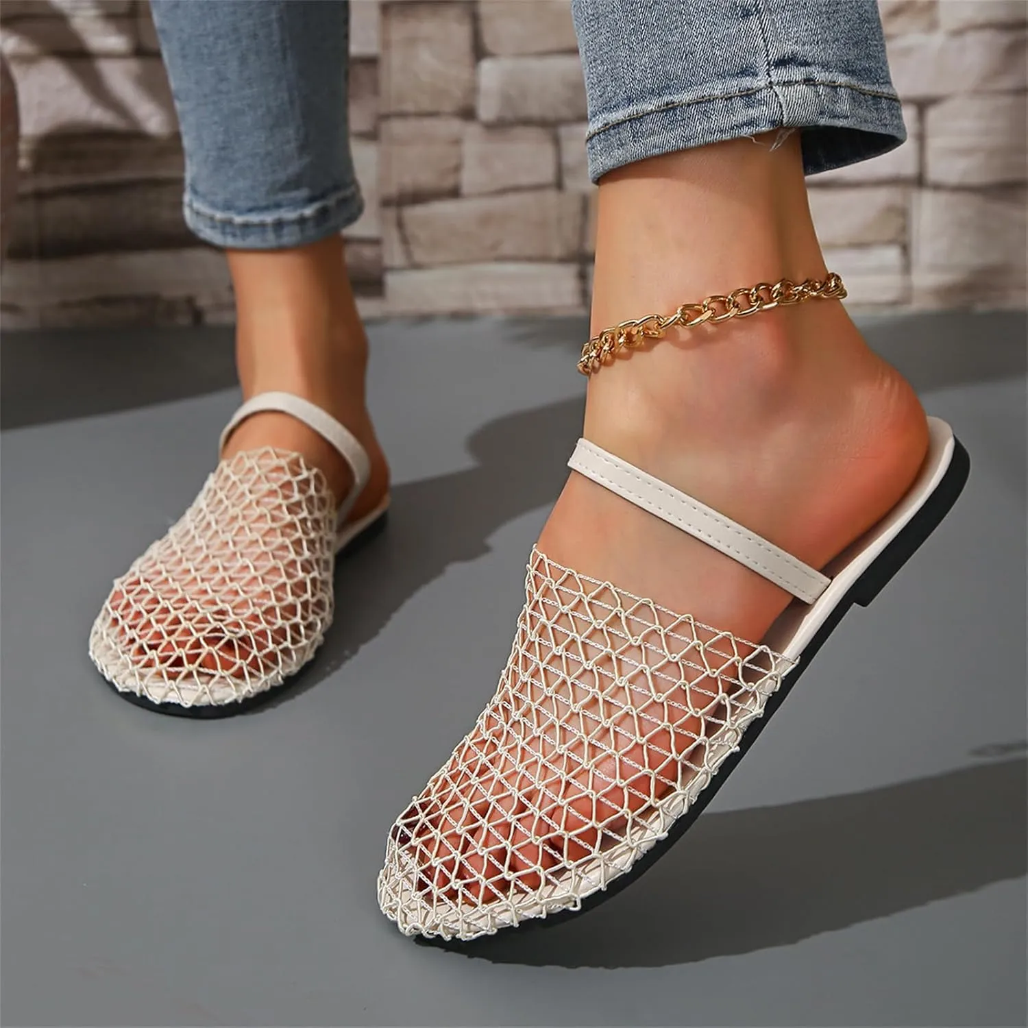 Women's Mesh Ballet Flats Slip on Ballerina Mule Shoes Mary Jane Flat Comfortable Casual Office Fishnet Slippers