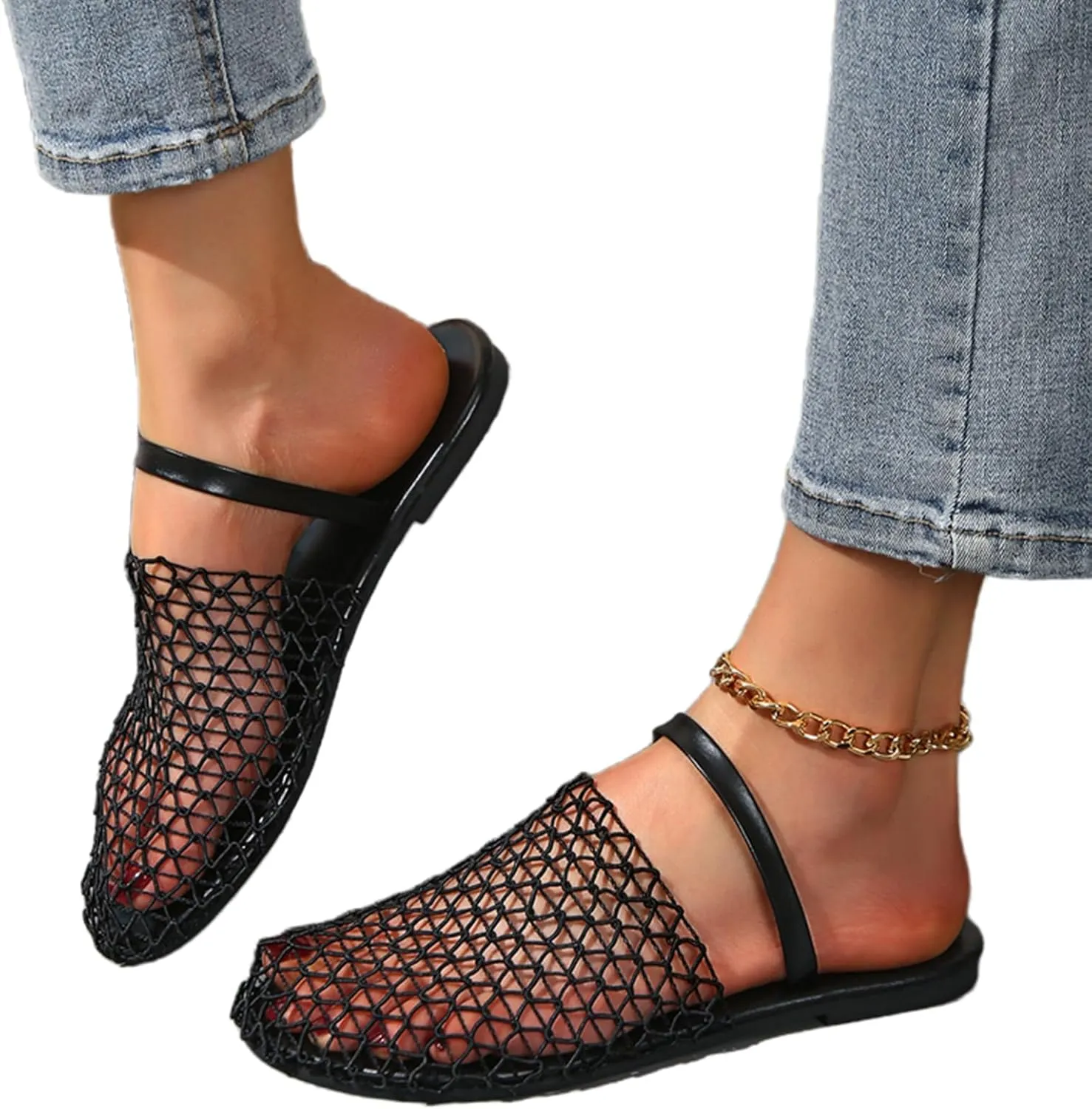 Women's Mesh Ballet Flats Slip on Ballerina Mule Shoes Mary Jane Flat Comfortable Casual Office Fishnet Slippers