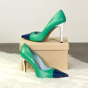 Women's Milan Pointed Toe Leather Heels Wide Plus Size Tourmaline Green Deep Blue 5754