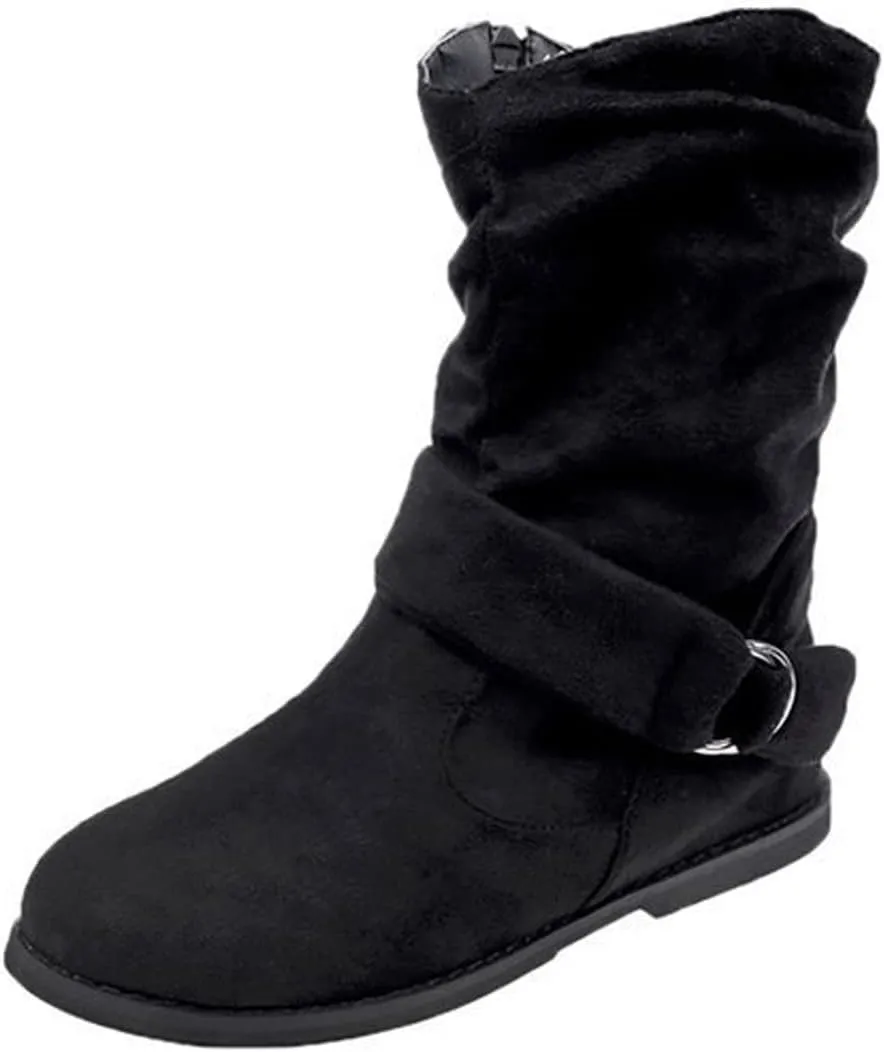 Women's Modern Western Slouch Boots Cowboy Distressed Boot Flat Low Heel Riding Boots With Side Zipper Bootie Shoes
