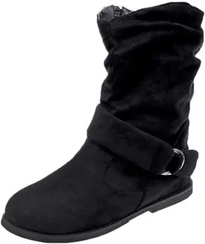 Women's Modern Western Slouch Boots Cowboy Distressed Boot Flat Low Heel Riding Boots With Side Zipper Bootie Shoes