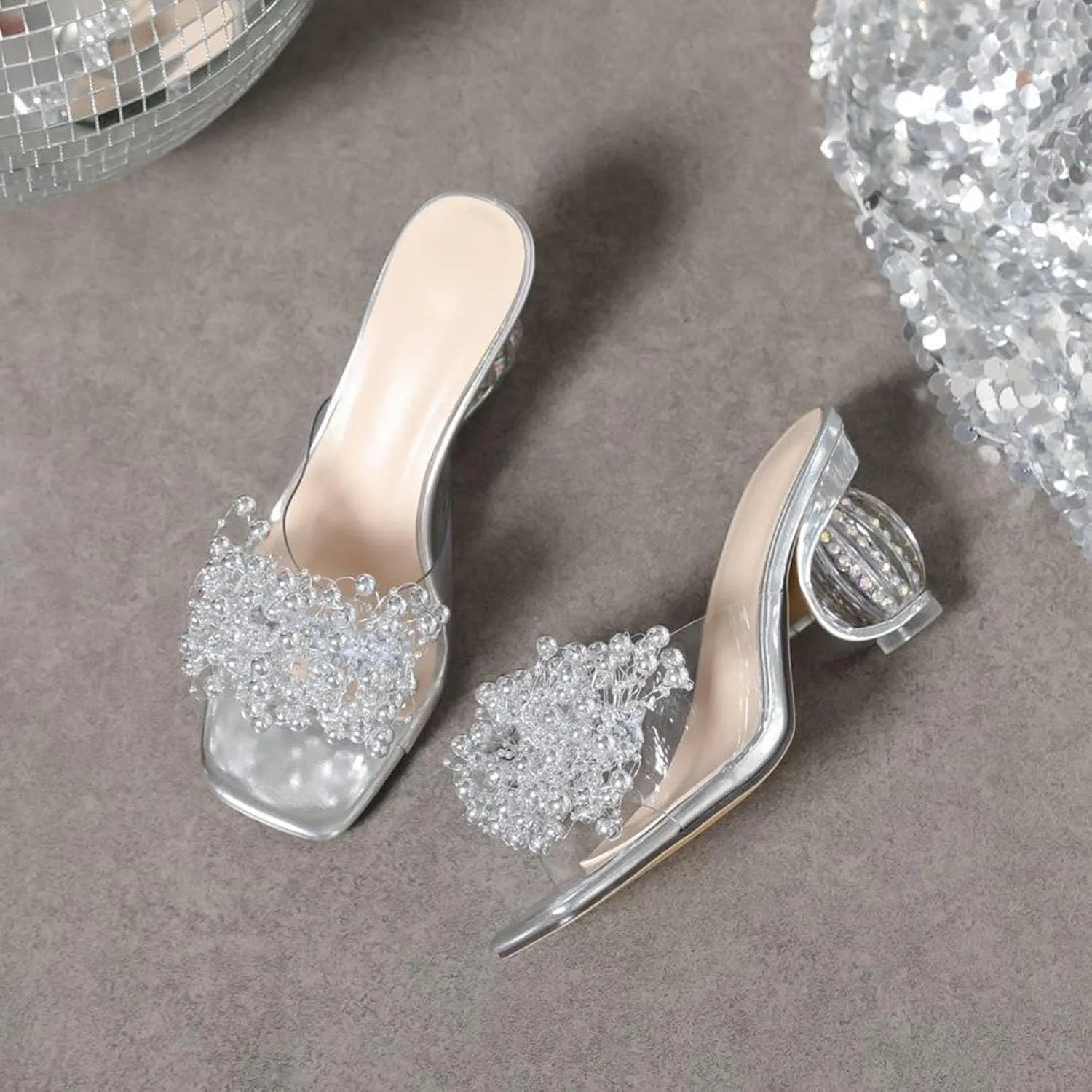 Women's Open Toe Heeled Sandal Chunky Heel Rhinestone Ladies Shoes Fashion Casual High Heel Open Fish Mouth Square
