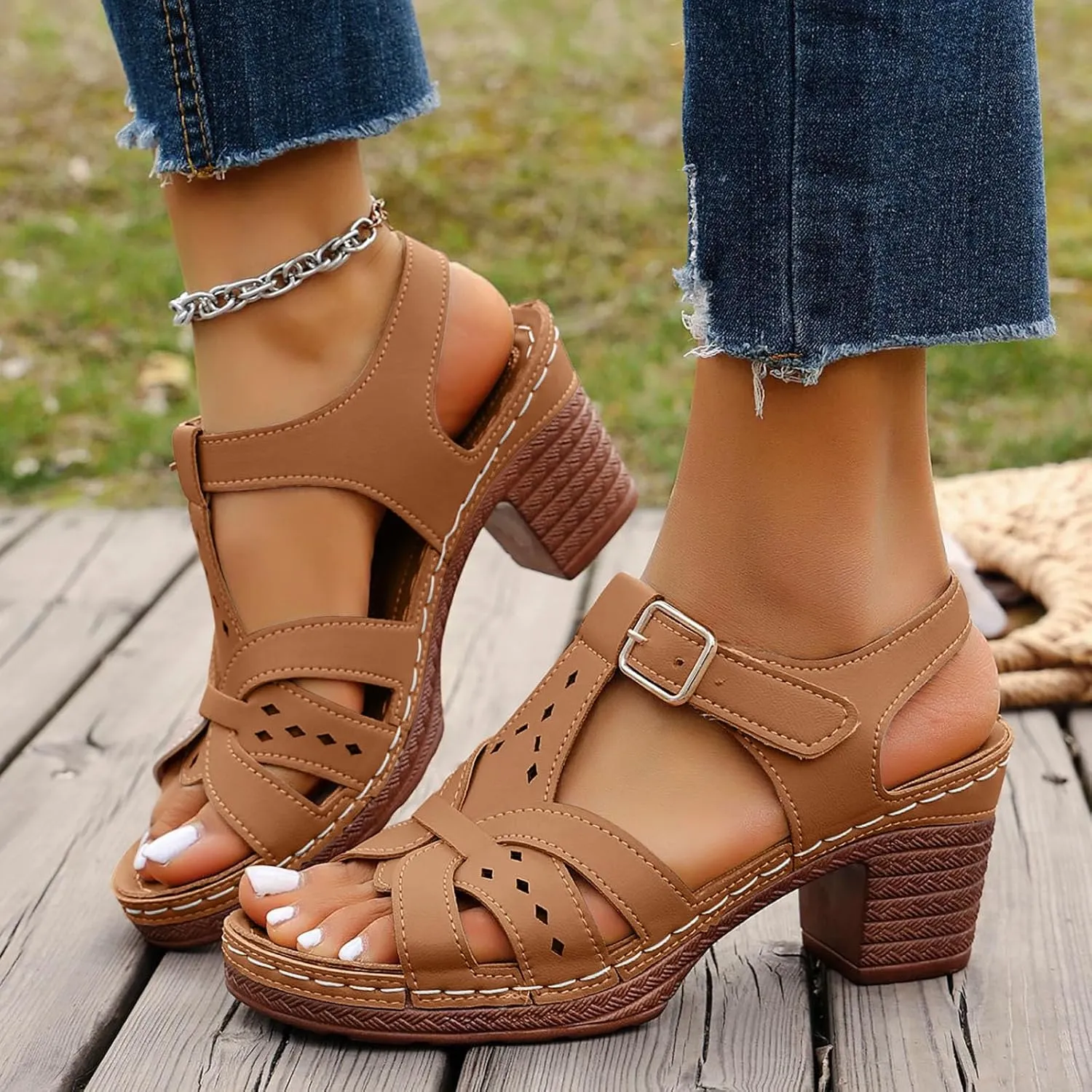 Women's Open Toe Heeled Sandal European And Sandals For Women New Summer Korean Version Of The Fish Mouth Thick Heel