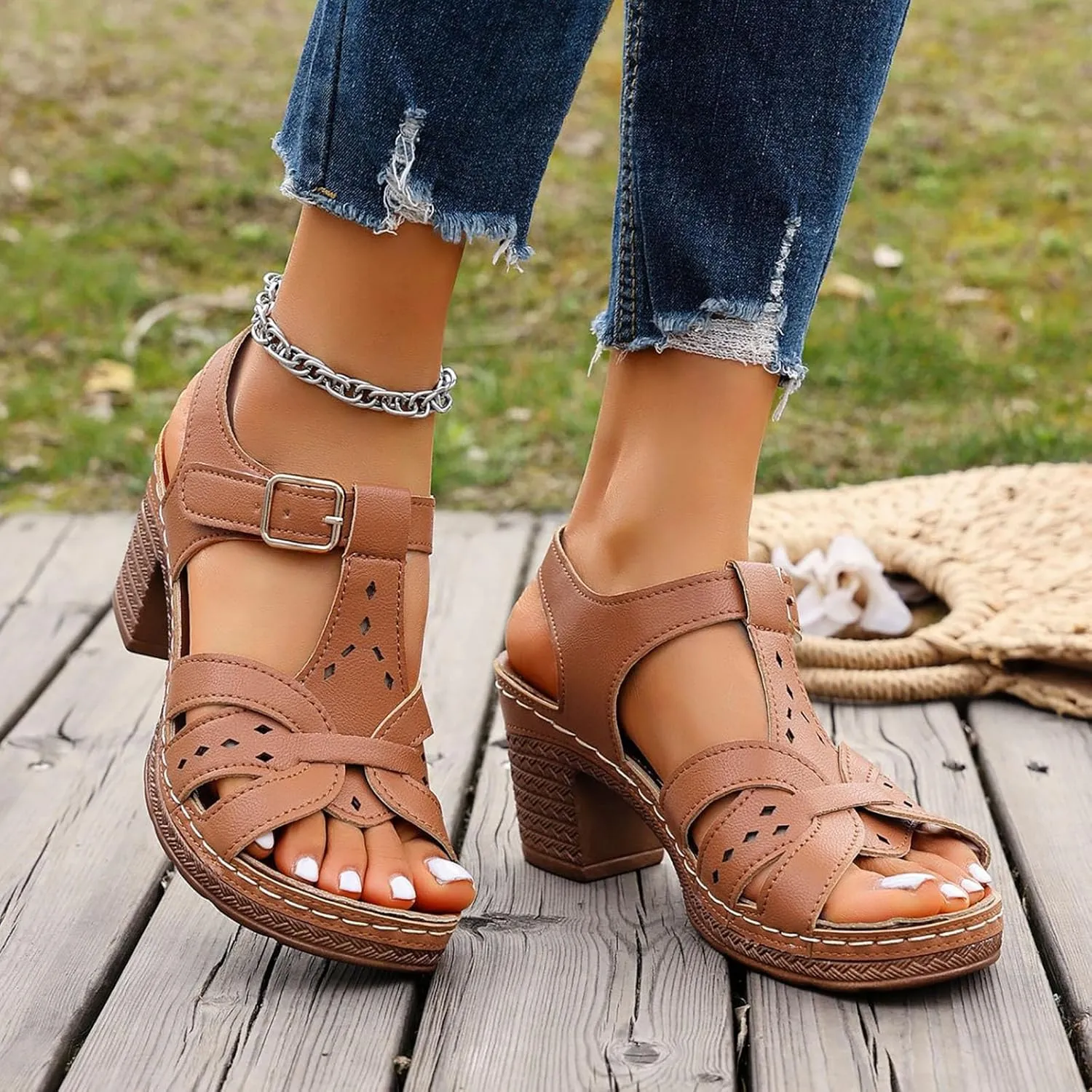Women's Open Toe Heeled Sandal European And Sandals For Women New Summer Korean Version Of The Fish Mouth Thick Heel