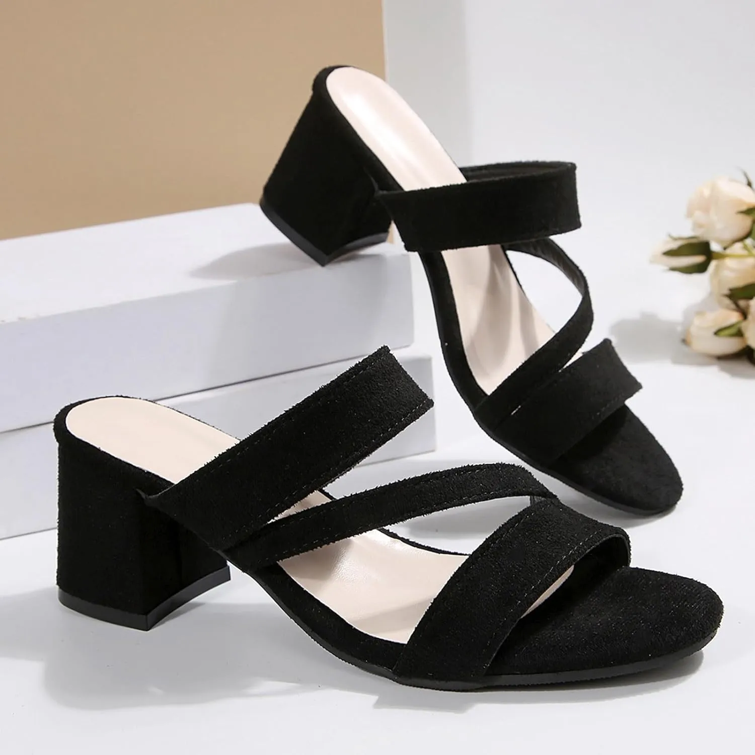 Women's Open Toe Heels Sandals Dressy Slide Slip on Low Block Chunky Heeled Sandals Comfortable Casual Summer Shoes