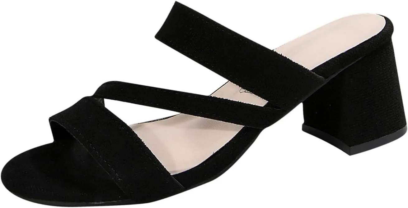 Women's Open Toe Heels Sandals Dressy Slide Slip on Low Block Chunky Heeled Sandals Comfortable Casual Summer Shoes