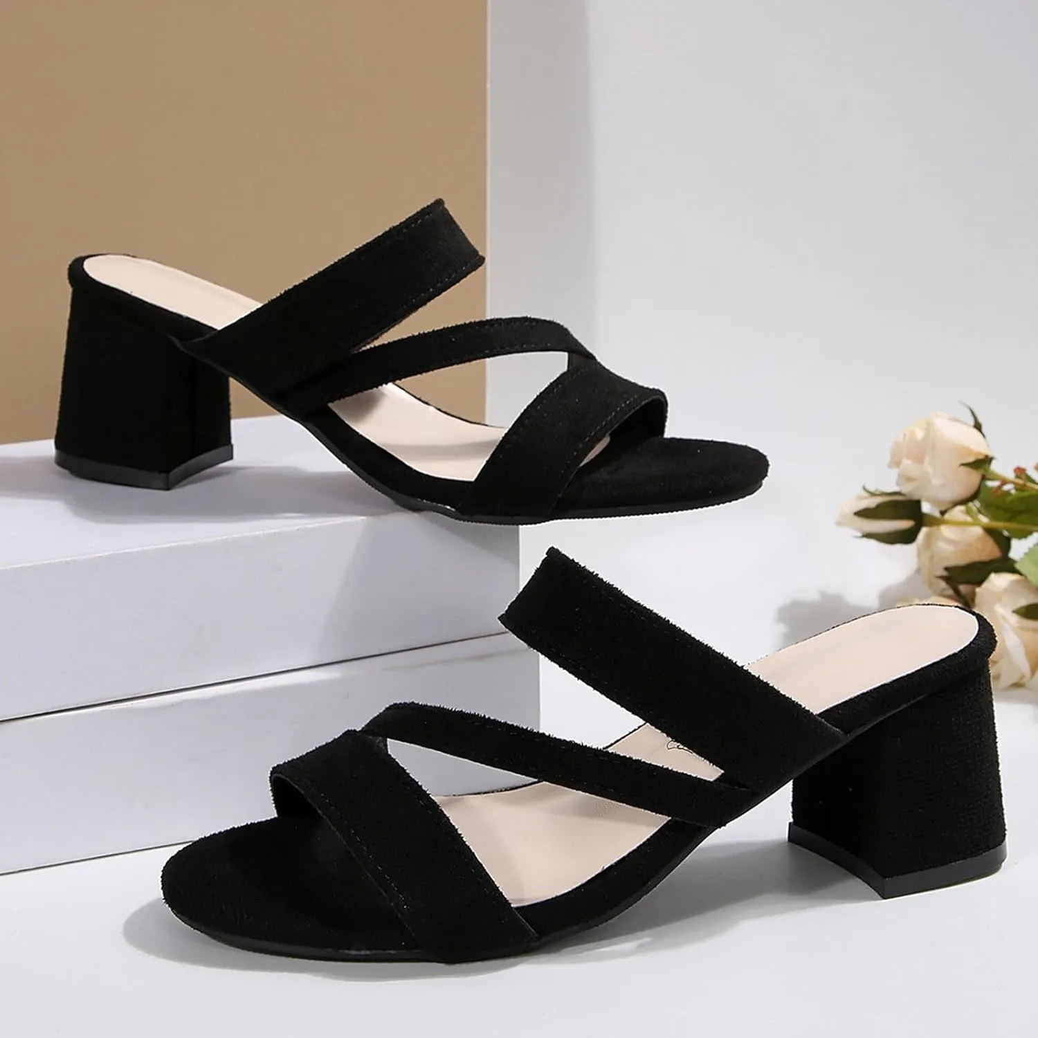 Women's Open Toe Heels Sandals Dressy Slide Slip on Low Block Chunky Heeled Sandals Comfortable Casual Summer Shoes