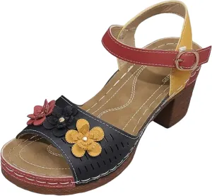 Women's Open Toe Low Block Heels Sandals Fish Mouth Thick Heel Women's Shoes Fashionable Casual Flower Decoration Color