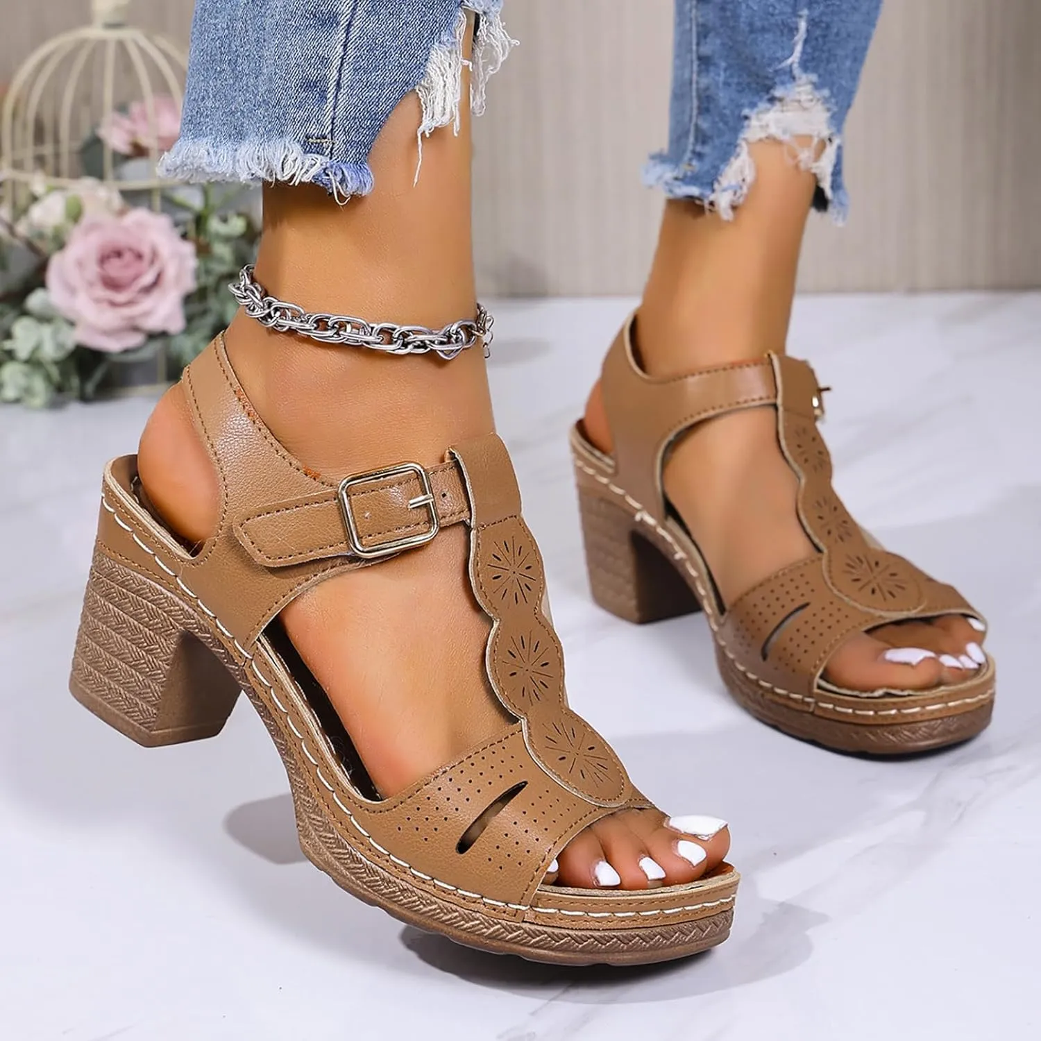 Women's Open Toe Low Block Heels Sandals Womens Thick Heeled Sandals; Large Size Summer Leisure New