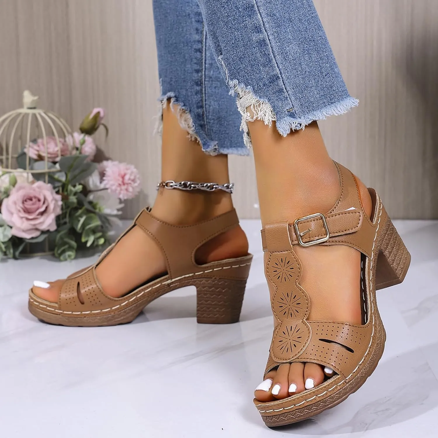 Women's Open Toe Low Block Heels Sandals Womens Thick Heeled Sandals; Large Size Summer Leisure New