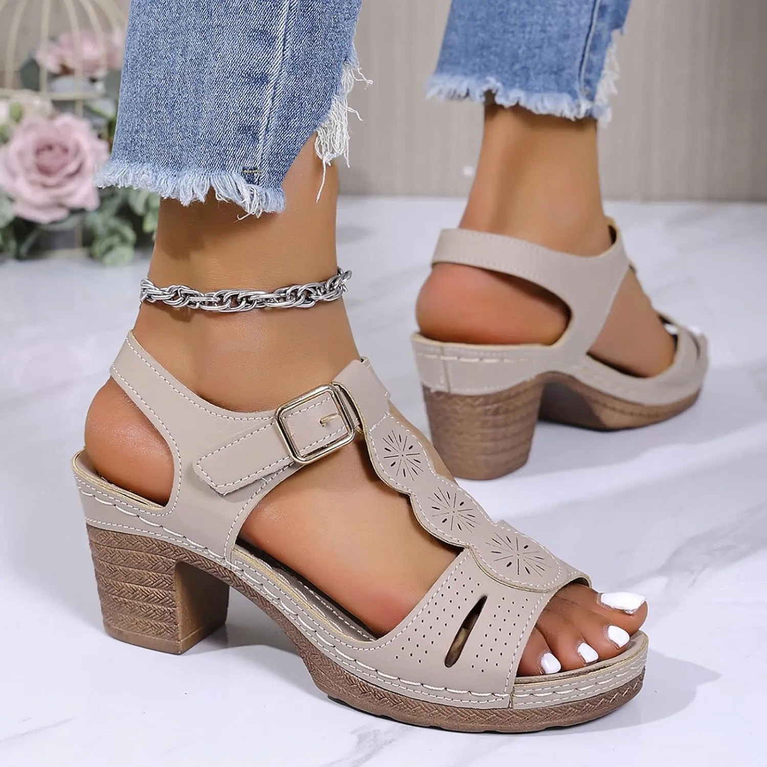 Women's Open Toe Low Block Heels Sandals Womens Thick Heeled Sandals; Large Size Summer Leisure New