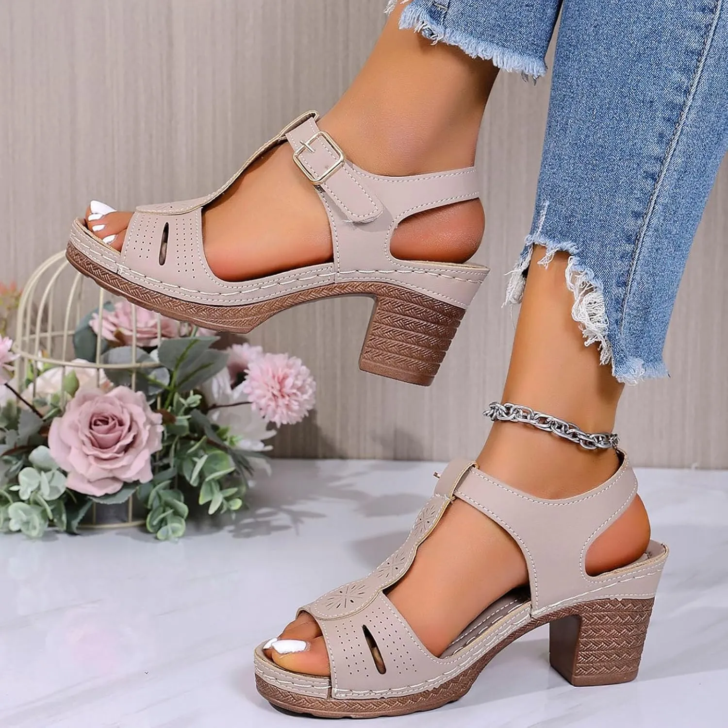 Women's Open Toe Low Block Heels Sandals Womens Thick Heeled Sandals; Large Size Summer Leisure New