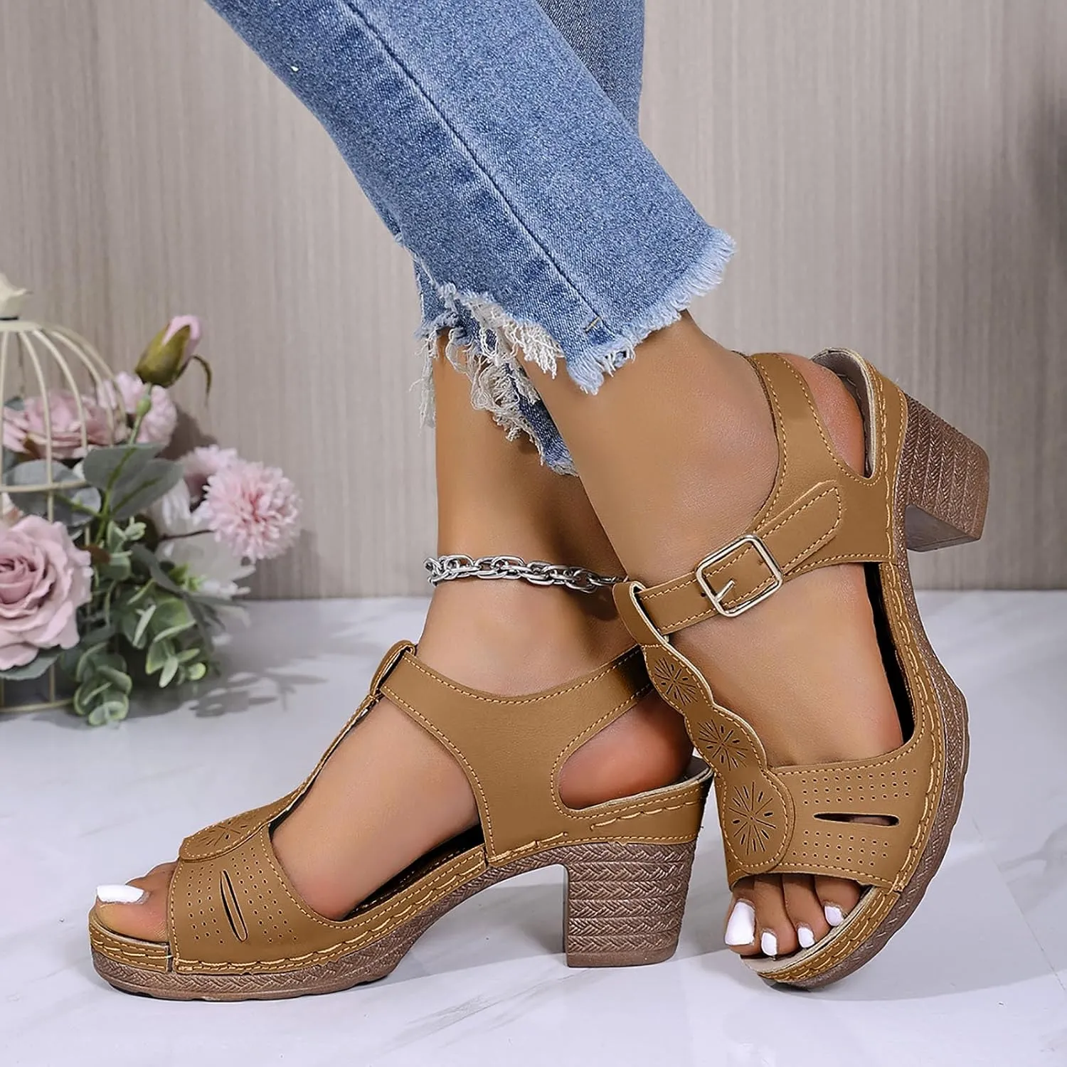 Women's Open Toe Low Block Heels Sandals Womens Thick Heeled Sandals; Large Size Summer Leisure New