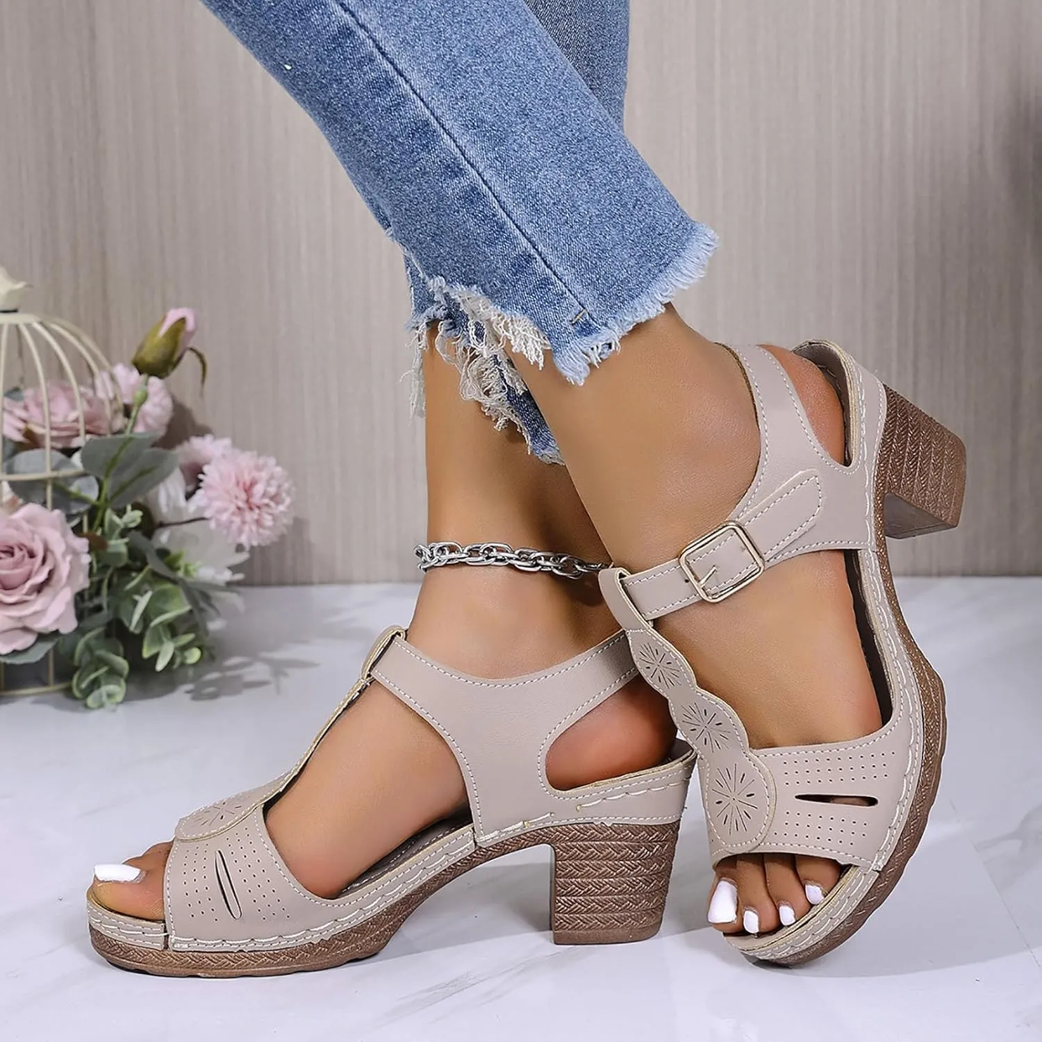 Women's Open Toe Low Block Heels Sandals Womens Thick Heeled Sandals; Large Size Summer Leisure New