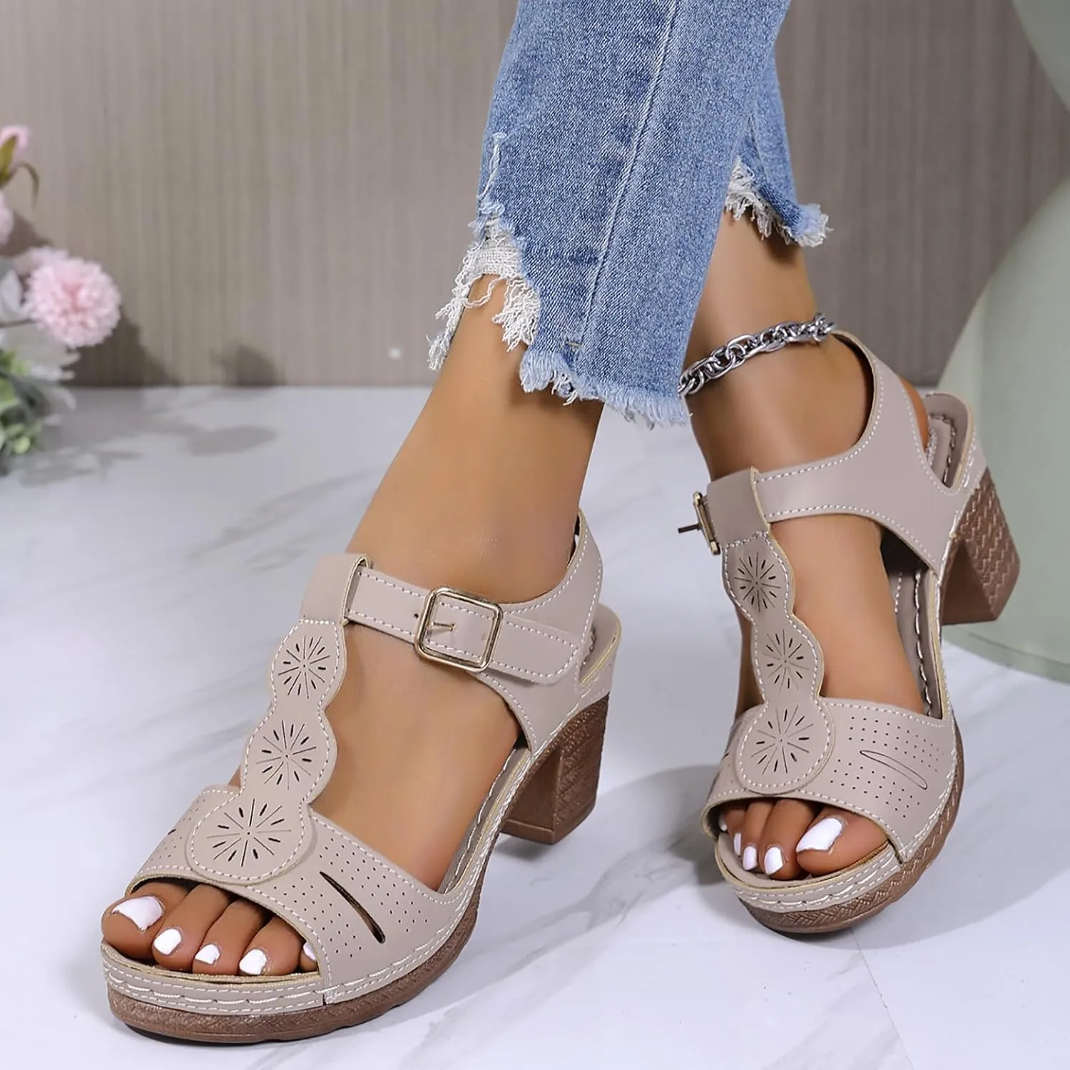 Women's Open Toe Low Block Heels Sandals Womens Thick Heeled Sandals; Large Size Summer Leisure New