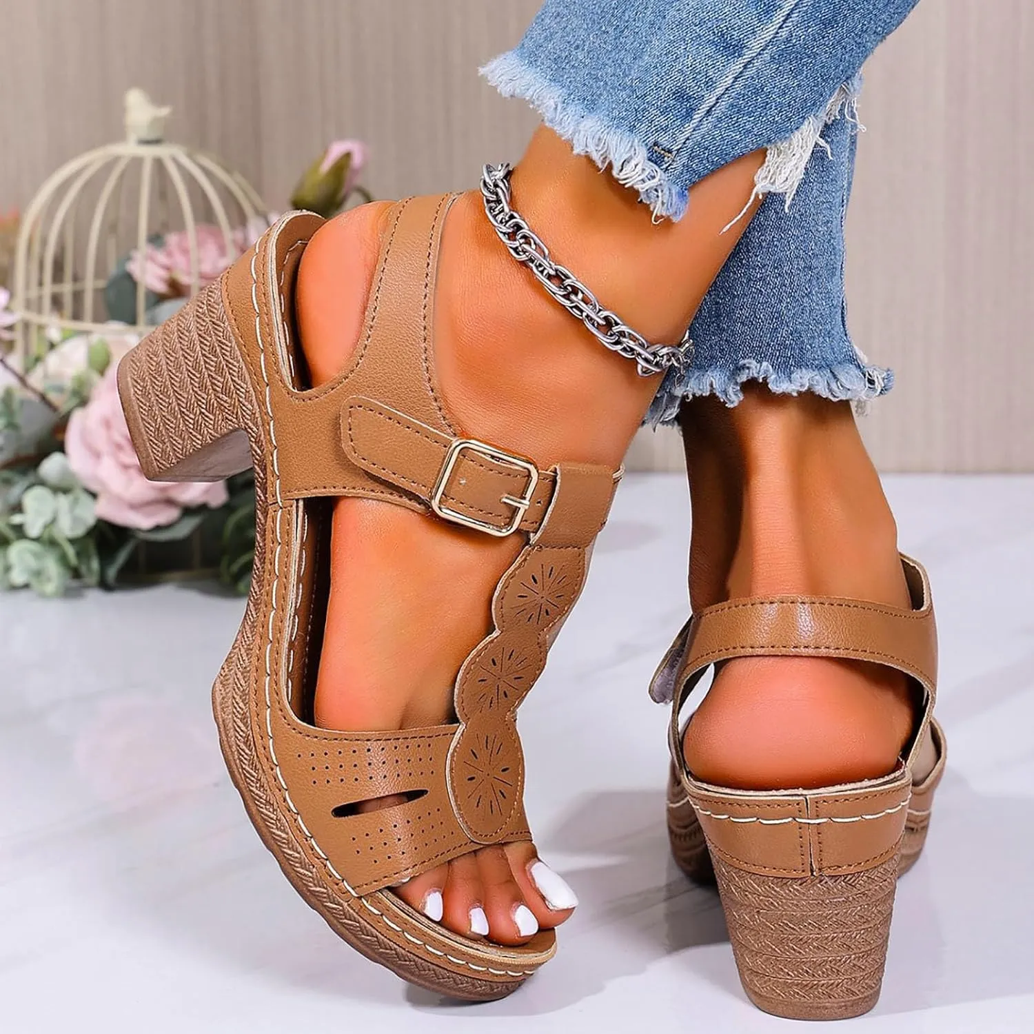 Women's Open Toe Low Block Heels Sandals Womens Thick Heeled Sandals; Large Size Summer Leisure New