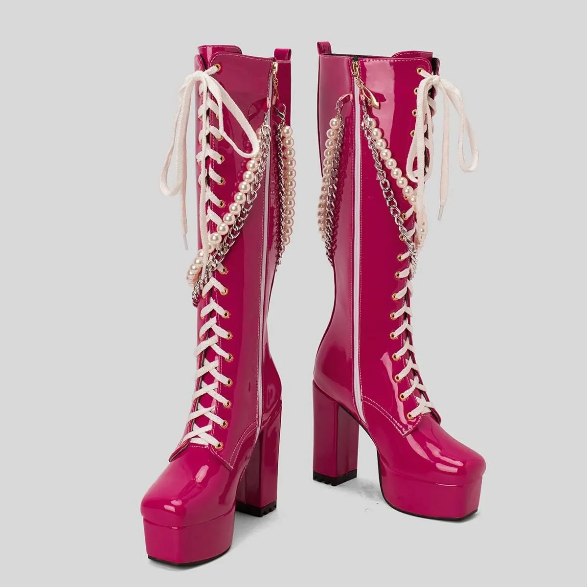Women's Patent Platform Boots Square Toe Knee High Lace Up Goth Chunky High Heeled Boots with Chains