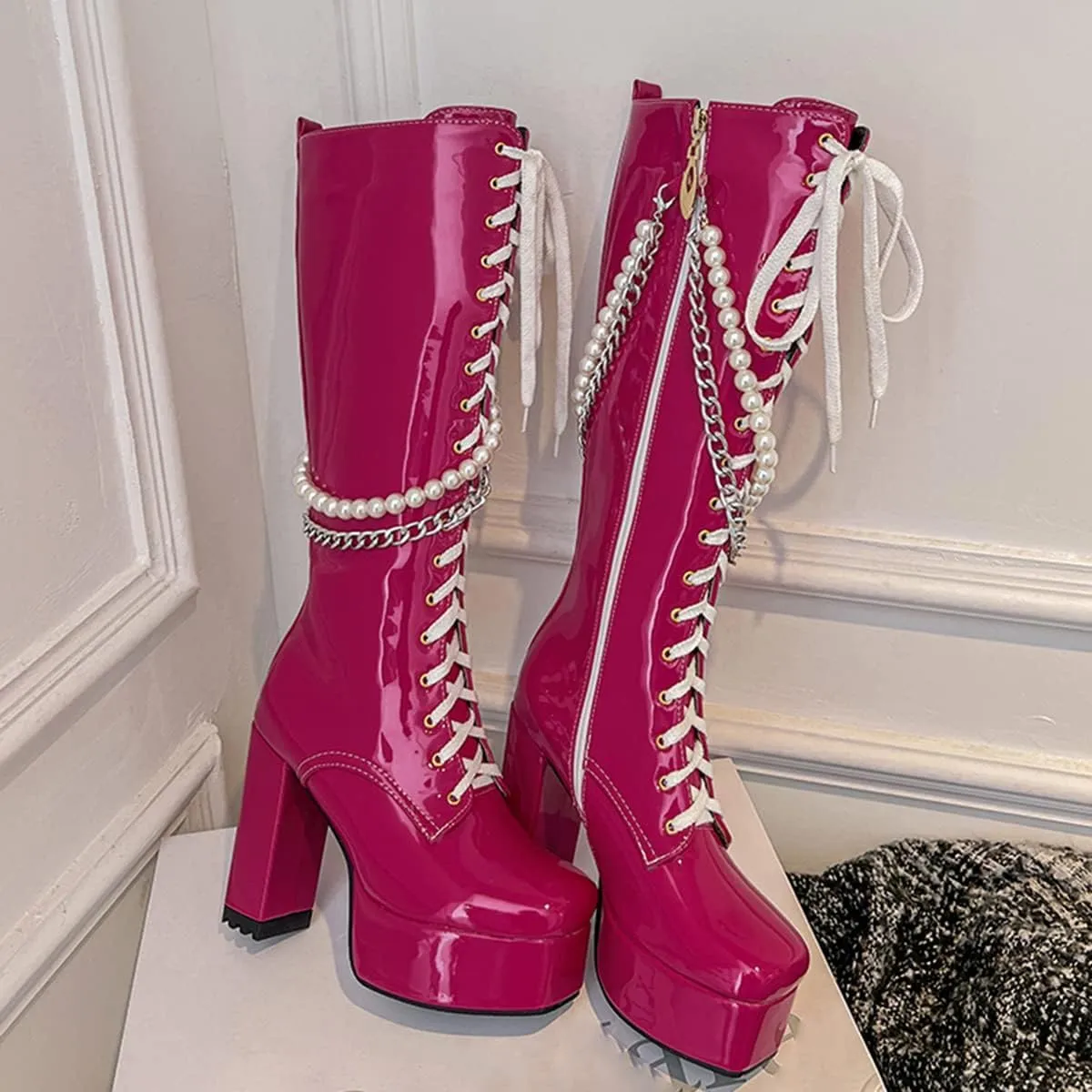 Women's Patent Platform Boots Square Toe Knee High Lace Up Goth Chunky High Heeled Boots with Chains
