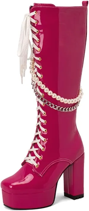 Women's Patent Platform Boots Square Toe Knee High Lace Up Goth Chunky High Heeled Boots with Chains