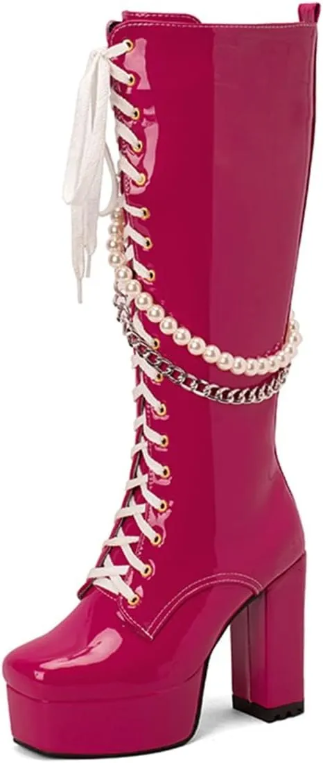 Women's Patent Platform Boots Square Toe Knee High Lace Up Goth Chunky High Heeled Boots with Chains