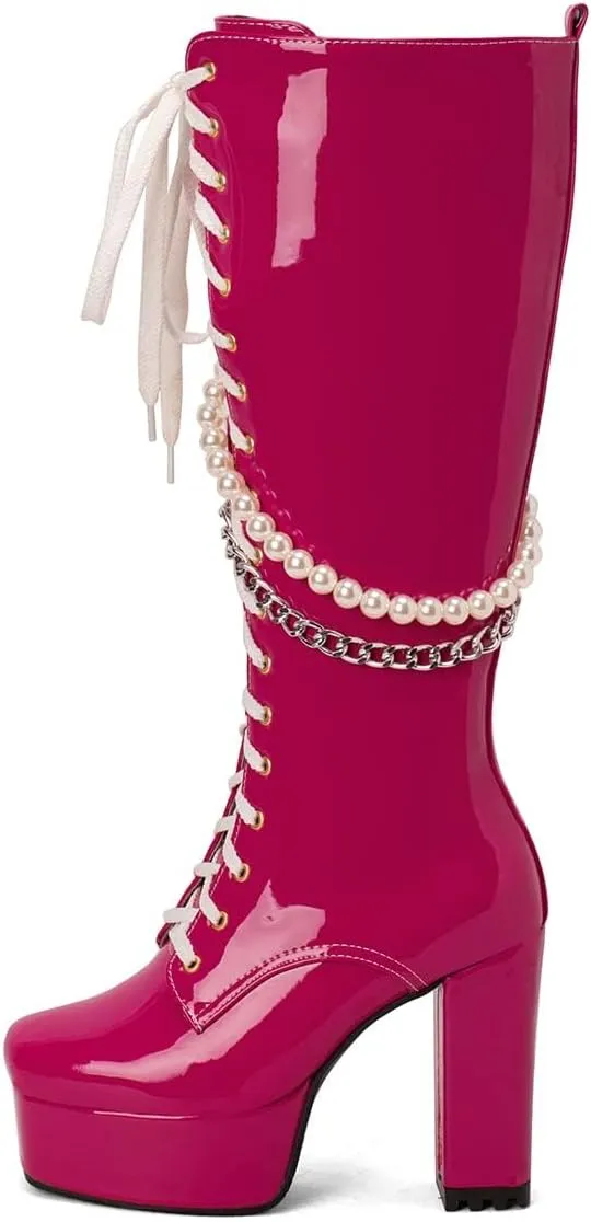 Women's Patent Platform Boots Square Toe Knee High Lace Up Goth Chunky High Heeled Boots with Chains