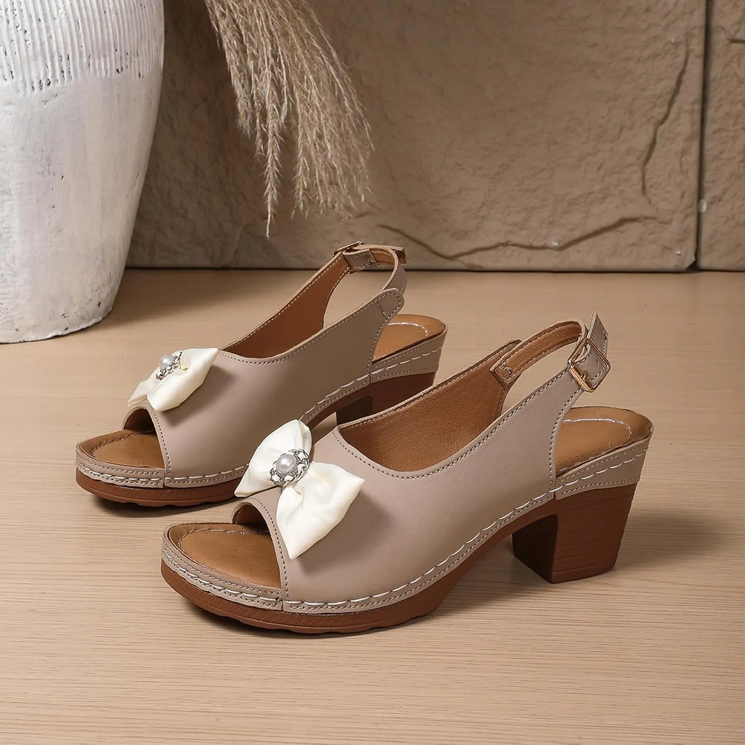 Womens Peep Toe Heels Chunky Heel Sandals Open Toe Bowknot Dress Shoes Trendy Comfy Ankle Buckles Wedding Party Sandal