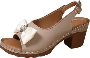 Womens Peep Toe Heels Chunky Heel Sandals Open Toe Bowknot Dress Shoes Trendy Comfy Ankle Buckles Wedding Party Sandal