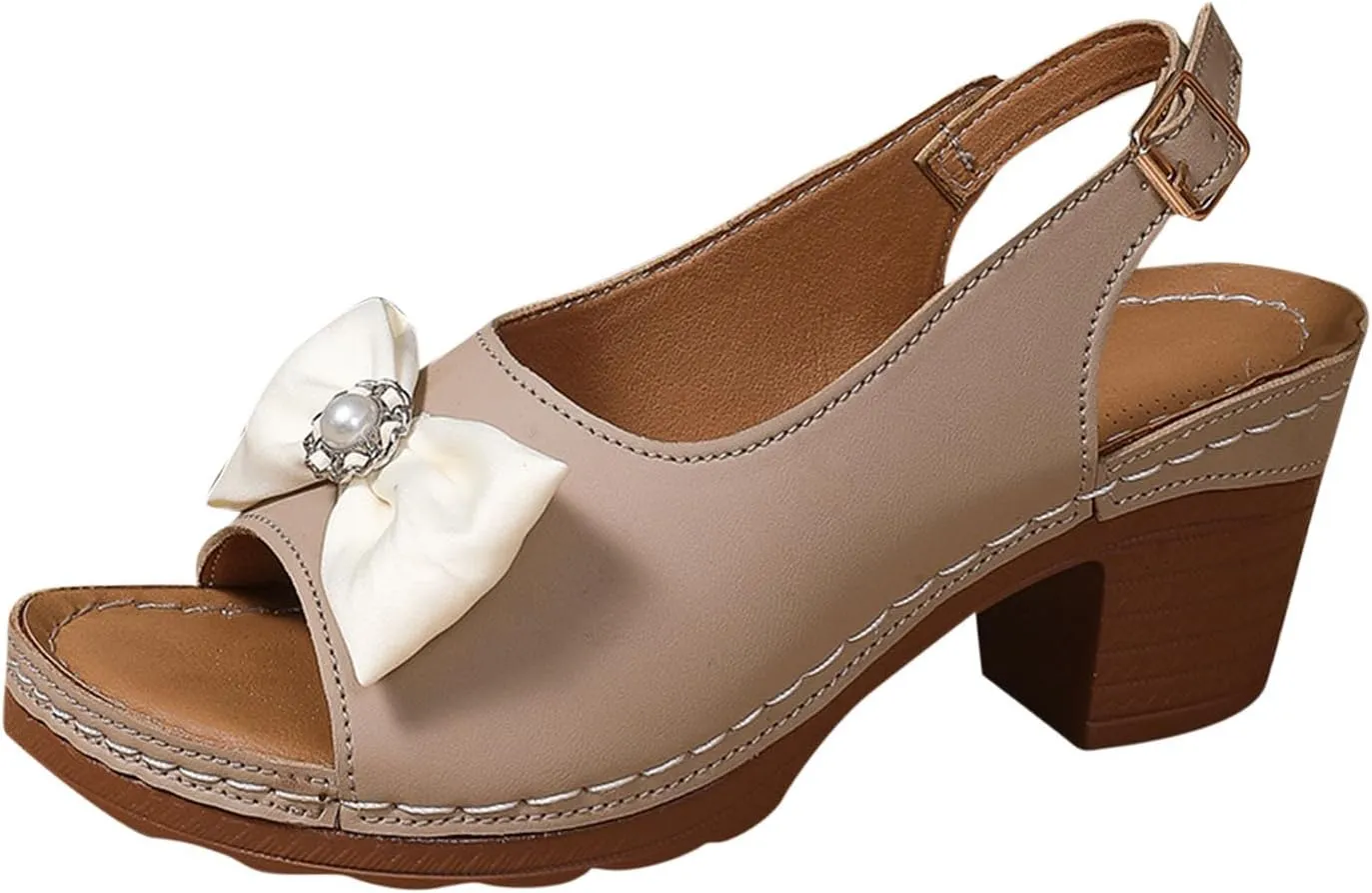 Womens Peep Toe Heels Chunky Heel Sandals Open Toe Bowknot Dress Shoes Trendy Comfy Ankle Buckles Wedding Party Sandal