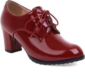 Women's Platform Patent Leather Oxfords for Women Chunky Block High Heels Brogues Closed Round Toe Vintage Lace Up Pumps Work Office Wedding Bridal Dress Shoes