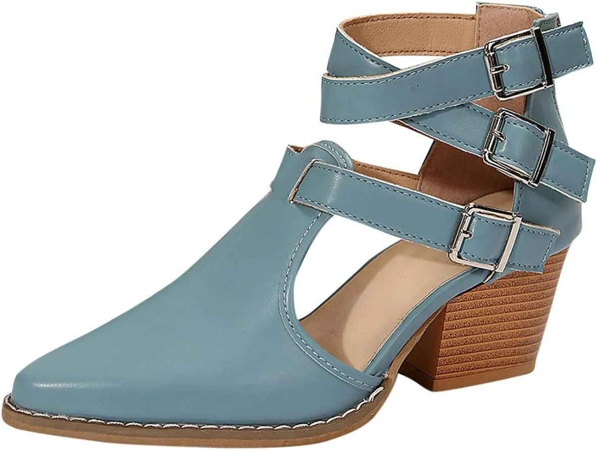 Women's Pointed Toe Pumps Ankle Strap Buckle Chunky Block Heel Dress Sandals Closed Toe Wedding Party Dress Sandals