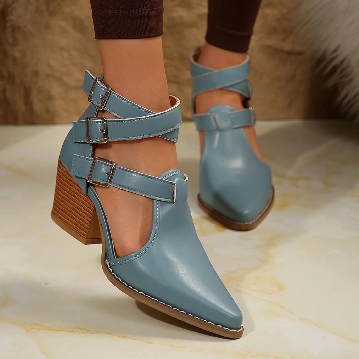Women's Pointed Toe Pumps Ankle Strap Buckle Chunky Block Heel Dress Sandals Closed Toe Wedding Party Dress Sandals