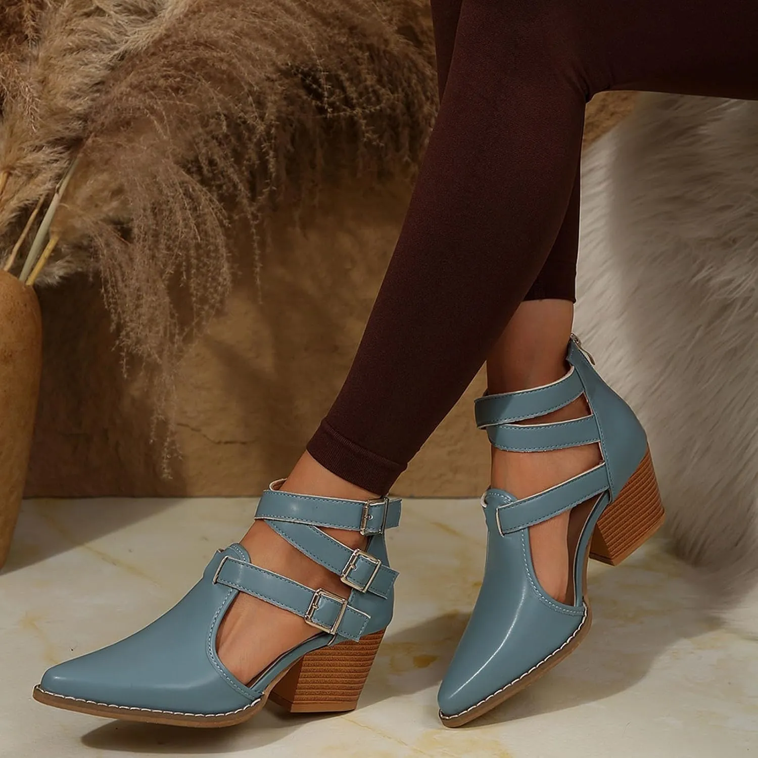 Women's Pointed Toe Pumps Ankle Strap Buckle Chunky Block Heel Dress Sandals Closed Toe Wedding Party Dress Sandals