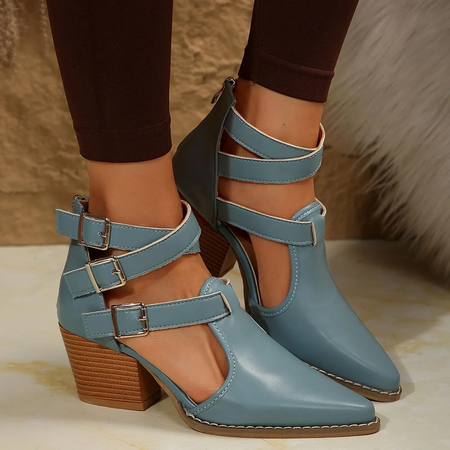 Women's Pointed Toe Pumps Ankle Strap Buckle Chunky Block Heel Dress Sandals Closed Toe Wedding Party Dress Sandals
