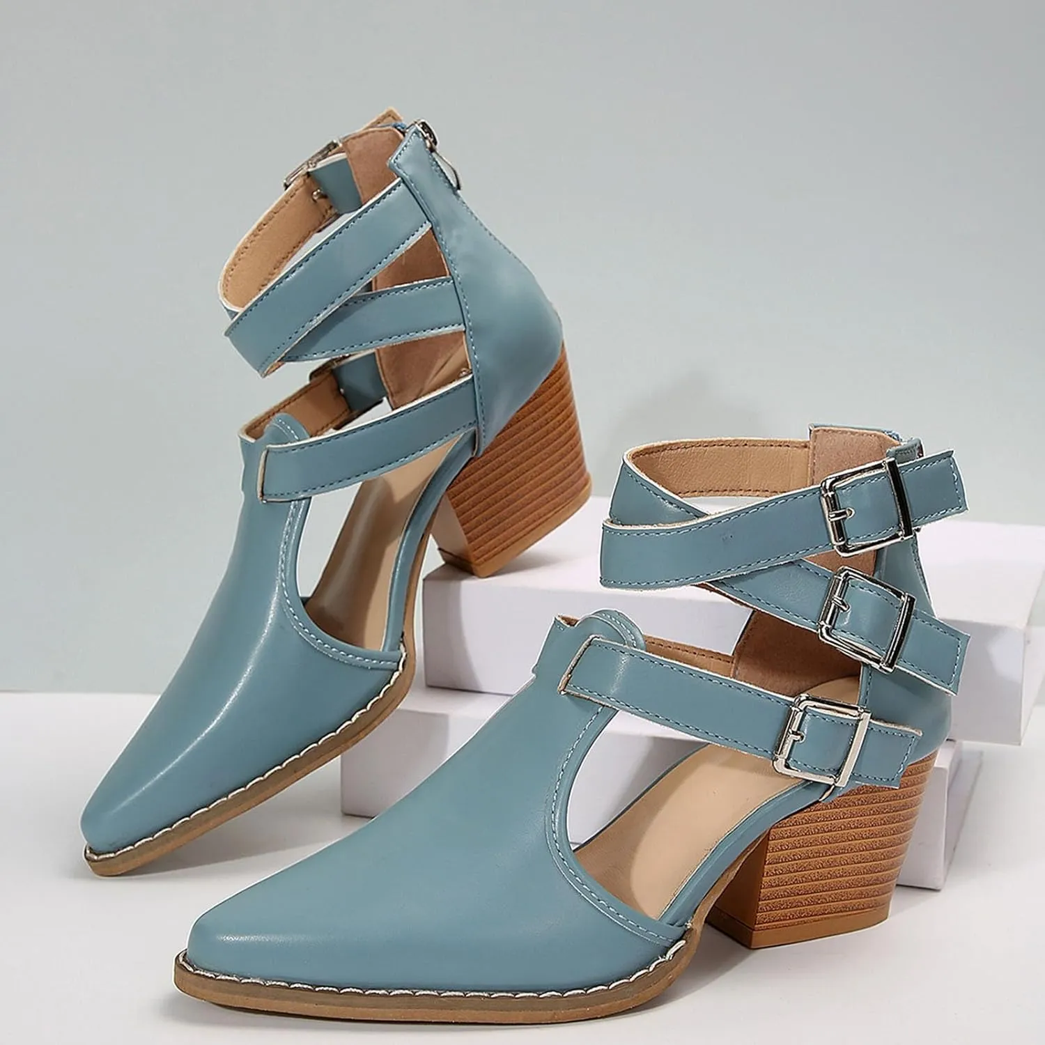 Women's Pointed Toe Pumps Ankle Strap Buckle Chunky Block Heel Dress Sandals Closed Toe Wedding Party Dress Sandals