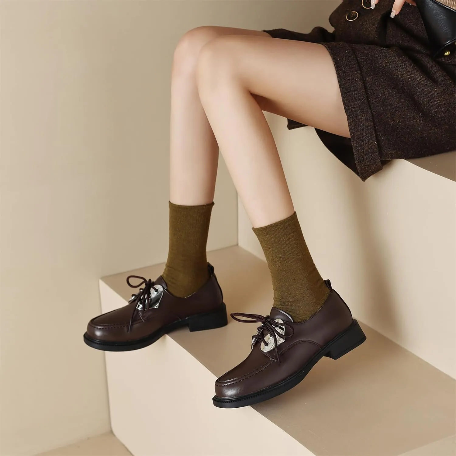 Women's Retro Platform Round Closed Toe Pump Loafers Lace Up Chunky Low Heel Heart Metallic Office Work Casual Fashion Business Dress Shoes All Weather Daily Wear Flats