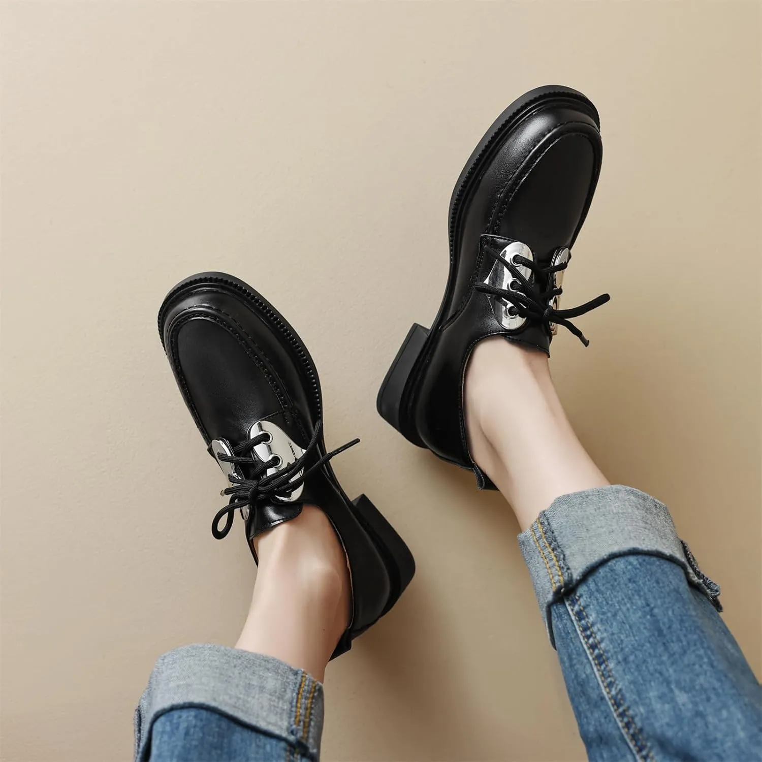 Women's Retro Platform Round Closed Toe Pump Loafers Lace Up Chunky Low Heel Heart Metallic Office Work Casual Fashion Business Dress Shoes All Weather Daily Wear Flats