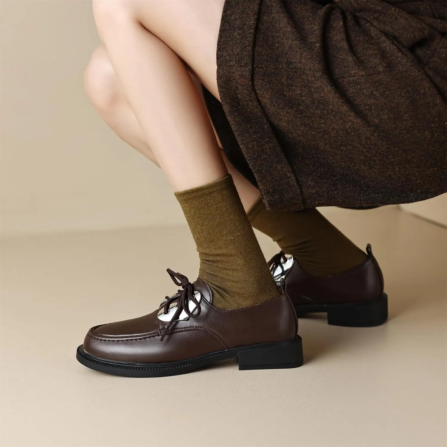 Women's Retro Platform Round Closed Toe Pump Loafers Lace Up Chunky Low Heel Heart Metallic Office Work Casual Fashion Business Dress Shoes All Weather Daily Wear Flats