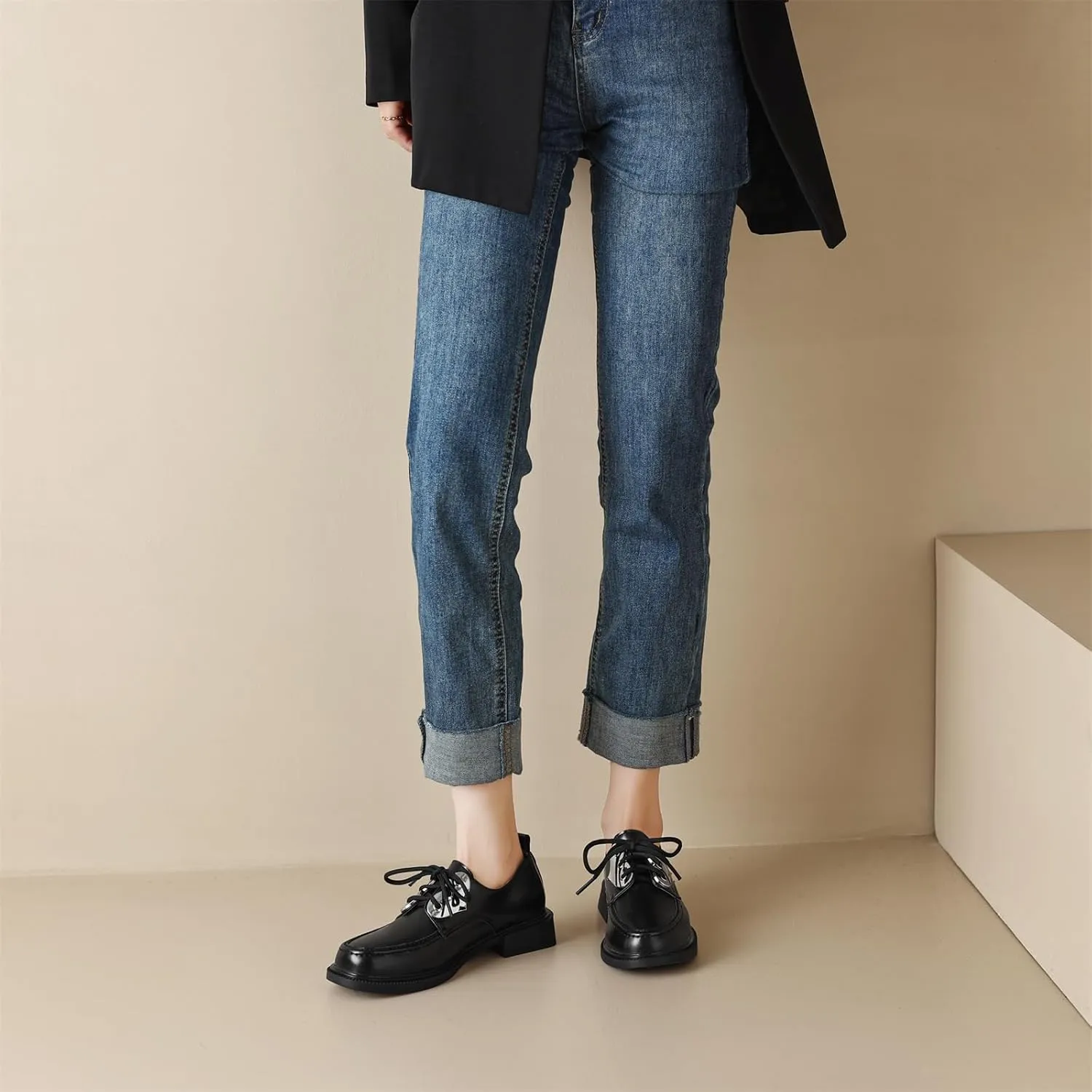 Women's Retro Platform Round Closed Toe Pump Loafers Lace Up Chunky Low Heel Heart Metallic Office Work Casual Fashion Business Dress Shoes All Weather Daily Wear Flats