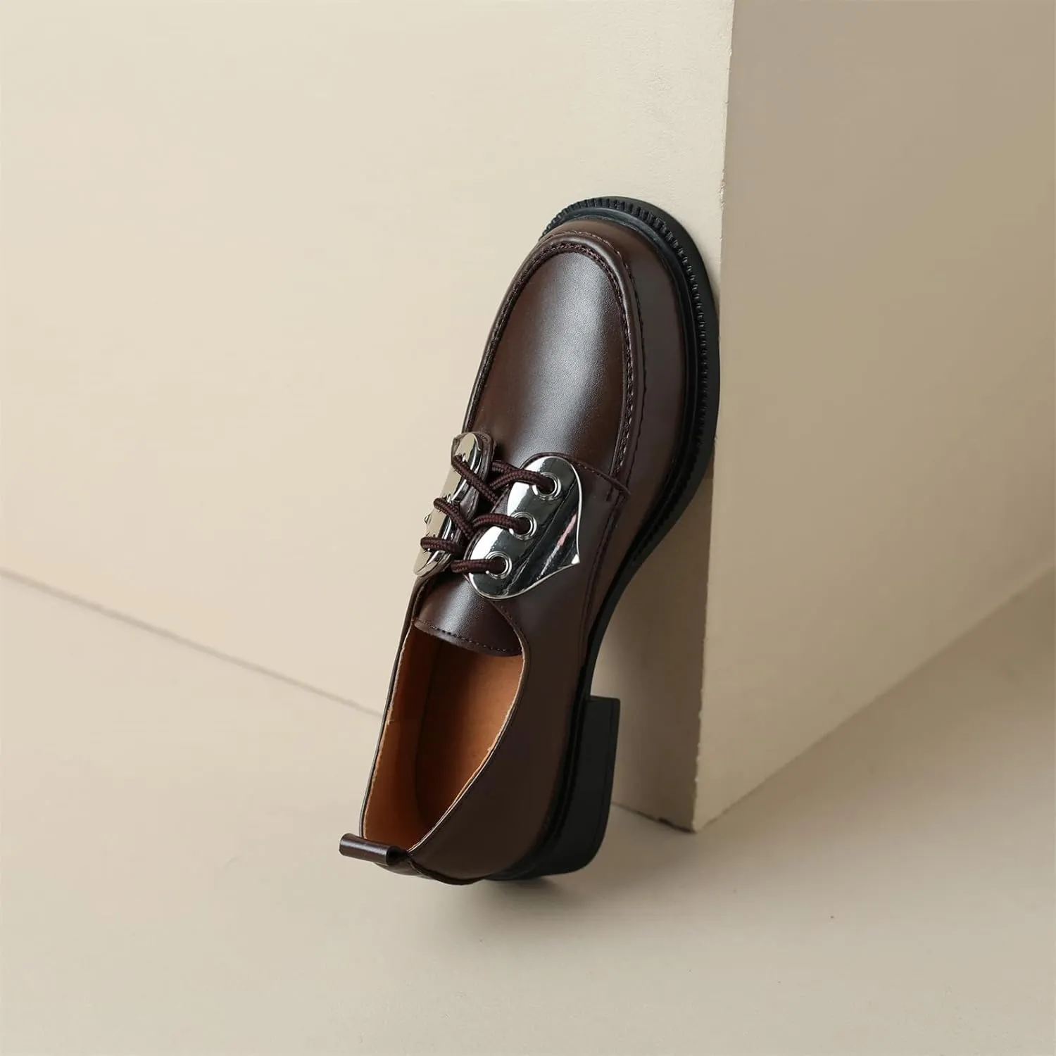 Women's Retro Platform Round Closed Toe Pump Loafers Lace Up Chunky Low Heel Heart Metallic Office Work Casual Fashion Business Dress Shoes All Weather Daily Wear Flats