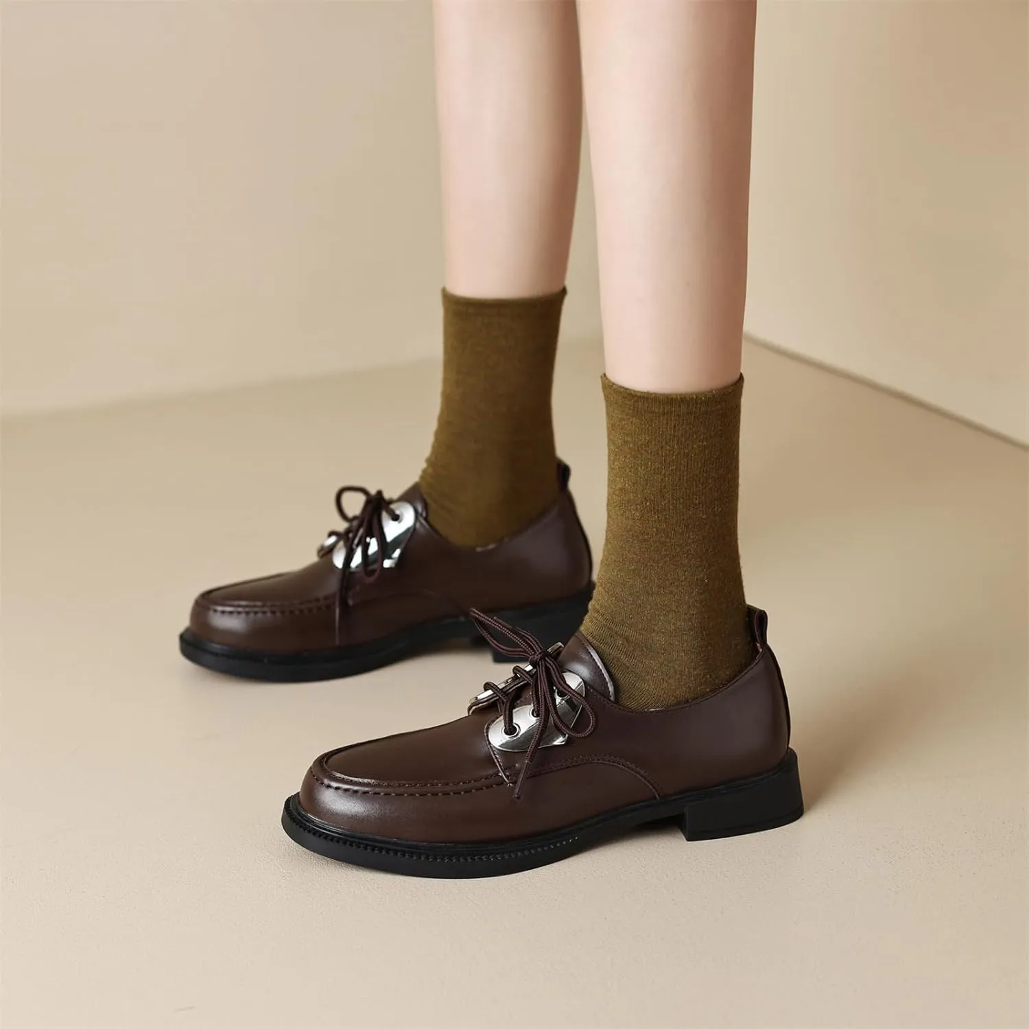 Women's Retro Platform Round Closed Toe Pump Loafers Lace Up Chunky Low Heel Heart Metallic Office Work Casual Fashion Business Dress Shoes All Weather Daily Wear Flats