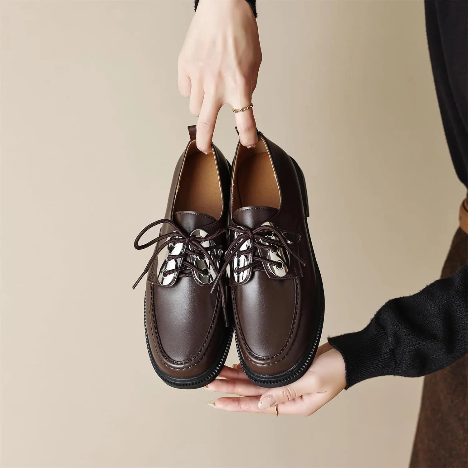 Women's Retro Platform Round Closed Toe Pump Loafers Lace Up Chunky Low Heel Heart Metallic Office Work Casual Fashion Business Dress Shoes All Weather Daily Wear Flats