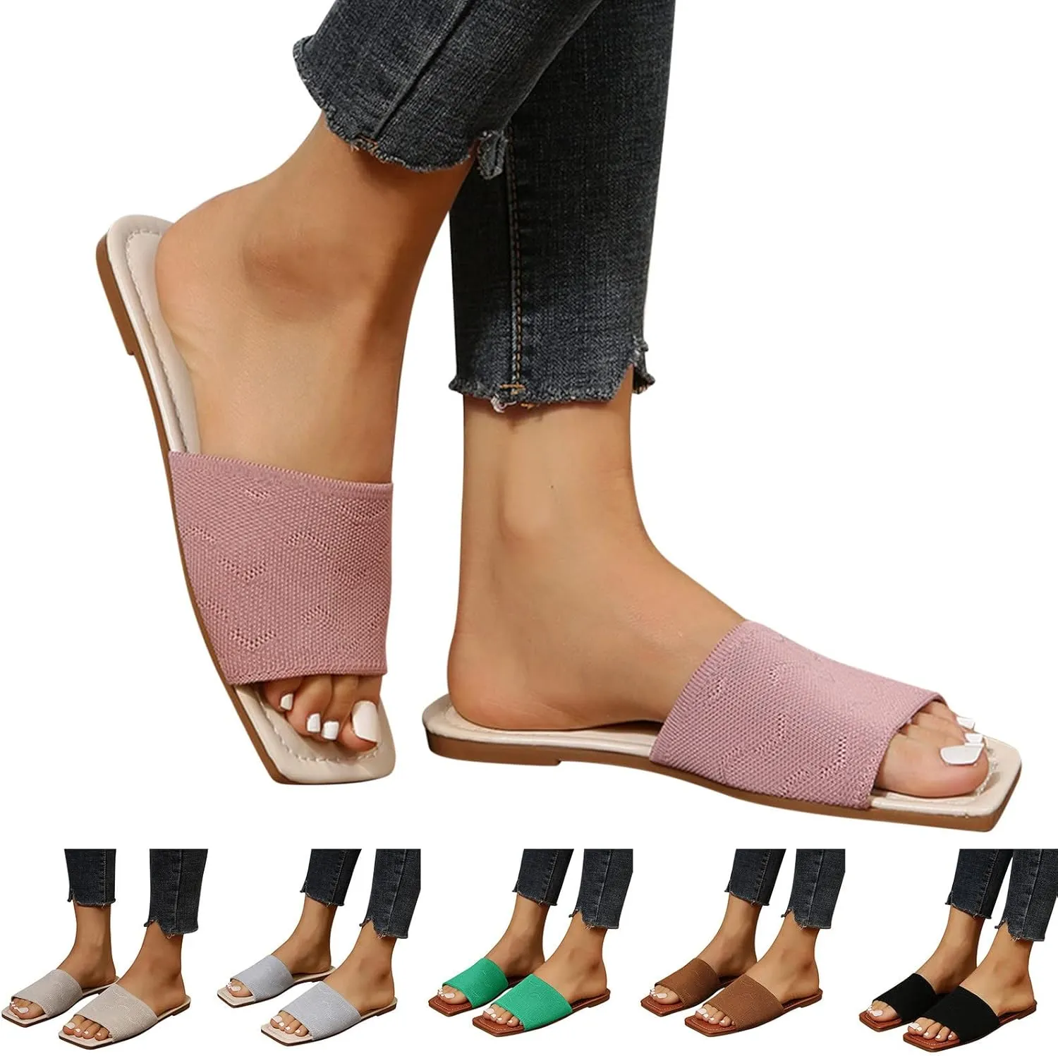 Women's Sandals Fashion Spring And Summer Women Slippers Flat Bottom Light Square Toe Open Toe Mesh Breathable
