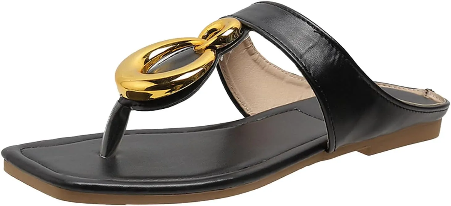 Women's Sandals Ladies Fashion Summer Solid Leather Surface Metal Open Toe Flat Bottom Beach Slippers
