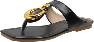 Women's Sandals Ladies Fashion Summer Solid Leather Surface Metal Open Toe Flat Bottom Beach Slippers