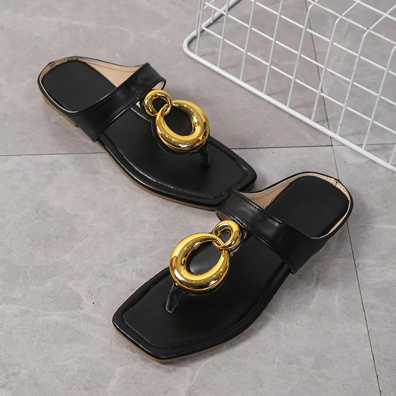 Women's Sandals Ladies Fashion Summer Solid Leather Surface Metal Open Toe Flat Bottom Beach Slippers