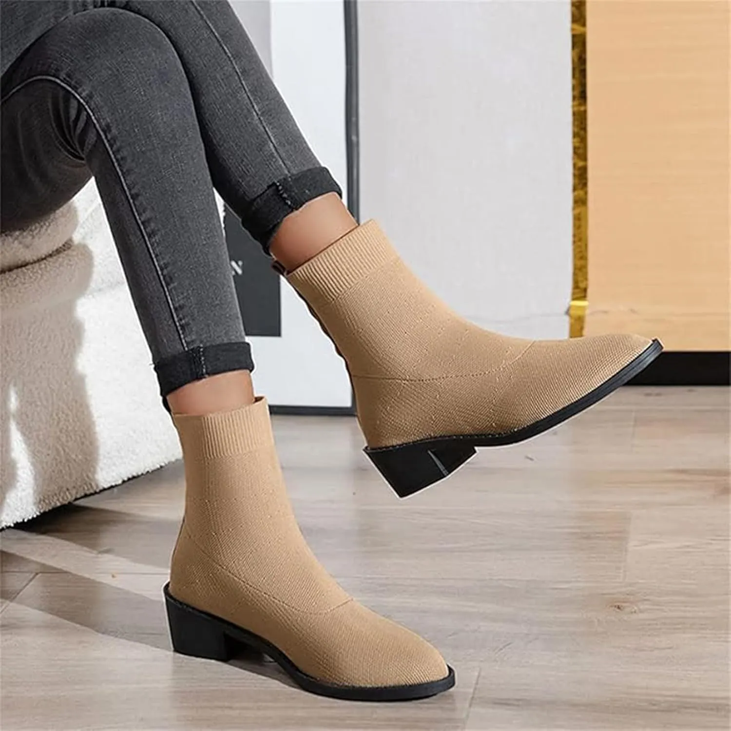 Womens Short Boots Women's Pointed Toe Sock Ankle Boots Stiletto Low Heels Booties Breathable Stretch Knit Shoes