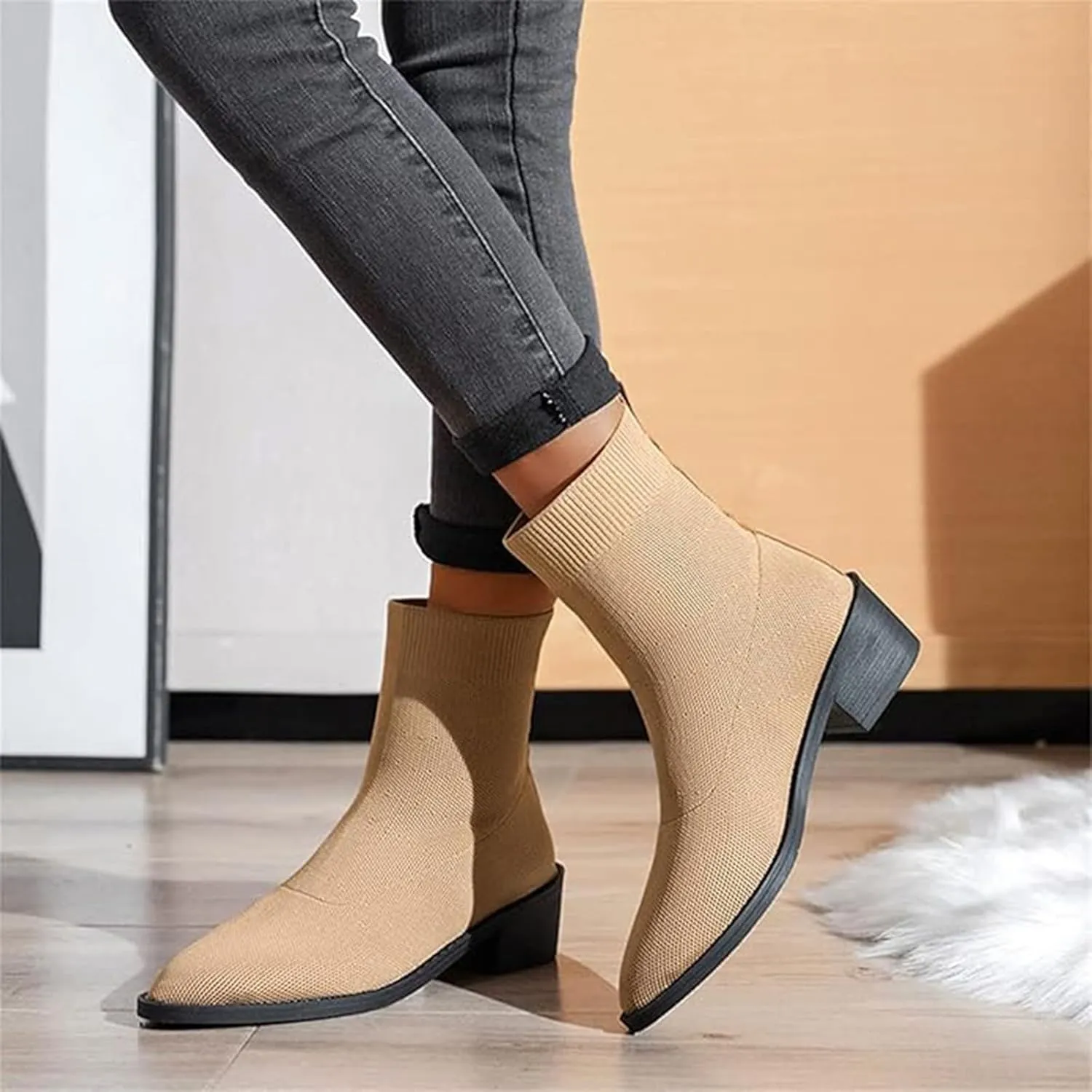 Womens Short Boots Women's Pointed Toe Sock Ankle Boots Stiletto Low Heels Booties Breathable Stretch Knit Shoes