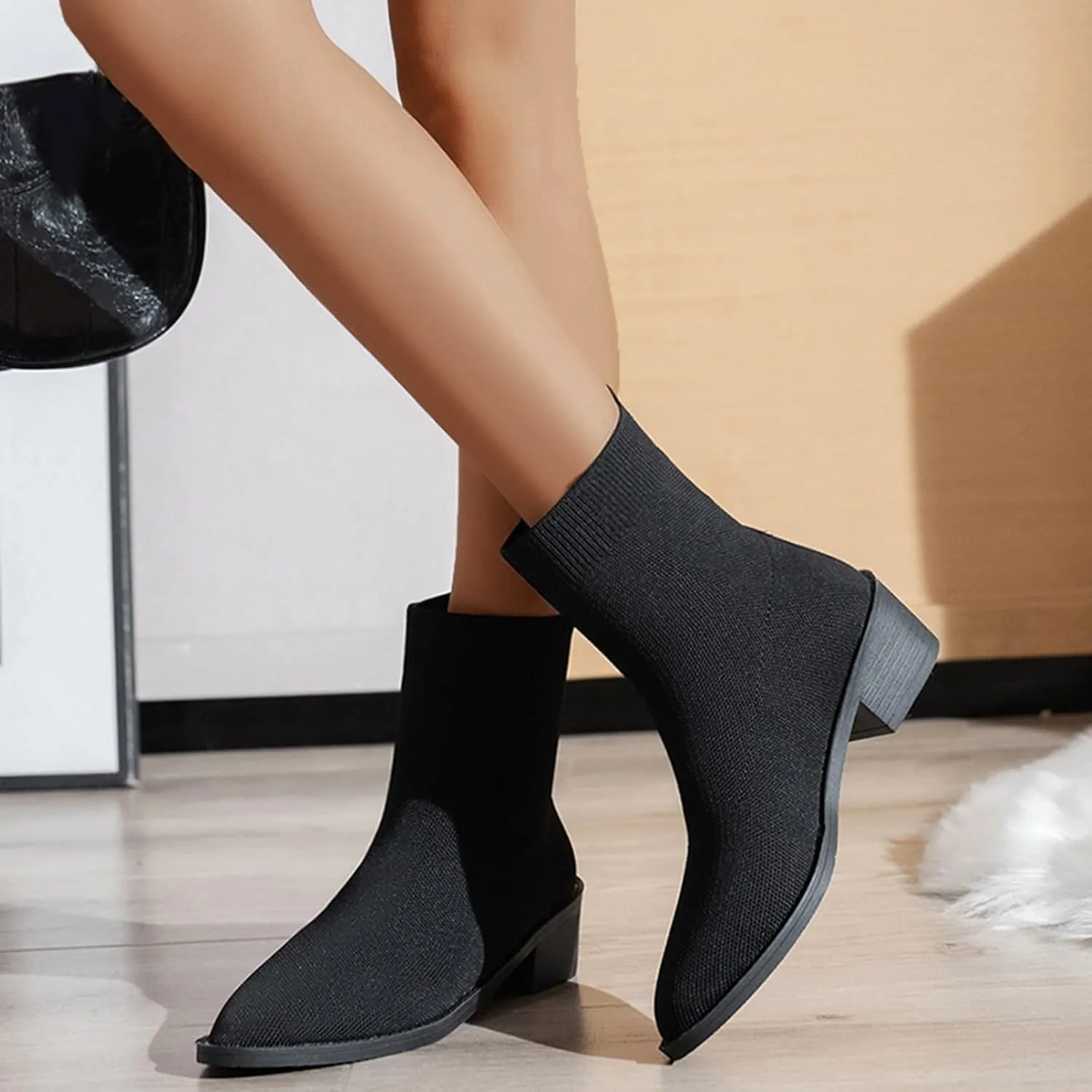 Womens Short Boots Women's Pointed Toe Sock Ankle Boots Stiletto Low Heels Booties Breathable Stretch Knit Shoes
