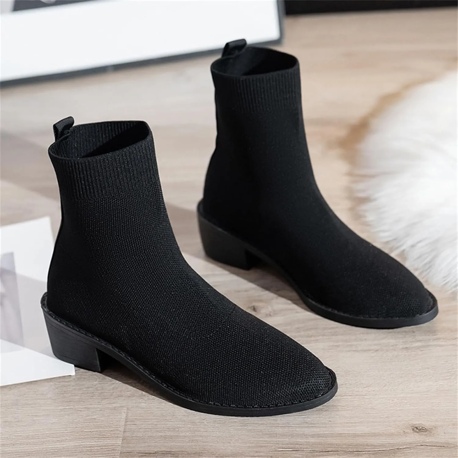 Womens Short Boots Women's Pointed Toe Sock Ankle Boots Stiletto Low Heels Booties Breathable Stretch Knit Shoes